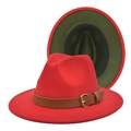 Two-tone wide-brim fedora hat with red exterior and green lining with leather band - M(56-58cm) / Red and Army Green
