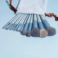 Blue-grey 14-piece makeup brush set with velvet drawstring pouch and soft bristles - 13 Pcs + Cloth Bag / Blue