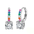 Sterling silver hoop earrings with colorful zircon row and large clear cubic zirconia pendant - Rainbow Row Large Stone Earrings / Silver Rainbow Hoop