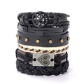 Set of five multilayered leather bracelets with rudder and heart charms on white background - Black Brown With Anchor/Rivet/Heart