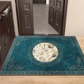 Classical rectangle dark teal entryway mat with flower and bird patterns on wood floor - 60x90cm / New Chinese Entryway Style 020 (Cyan Base Floral Circle)