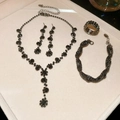 Detailed view of luxury jewelry set with black rhinestones and circular pendants - Black (4-Piece Set)