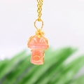 Pink natural quartz mushroom pendant necklace with golden wire wrapping for women - Watermelon Red Gold-tone