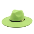 Detail of neon green wool fedora hat featuring a black band and gold chain buckle - M (56-58cm) / Fruit Green
