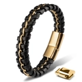 Men's black braided leather bracelet with gold metal chain accents and magnetic clasp - Single Chain Style / Gold