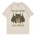 Off-white cotton T-shirt featuring a vintage cartoon alligator print and Alcatraz text - Beige