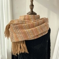 Rainbow plaid tassel scarf in soft brown, pink, and yellow macaron tones - Camel