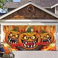 Halloween garage door banner with three scary pumpkins and Happy Halloween message - Ws0104 / 1 Meter Long X 0.7 Meters High (polyester)
