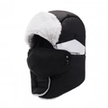 Winter trapper hat in black windproof fabric with white faux fur lining and face mask - Adjustable / Black