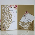 Golden laser cut wedding invitation set with floral inner cards and pearl paper finish - Standard / Beige Gold