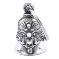 Campanella portafortuna moto in acciaio inox con rilievo di teschio alato e moto - Campanella da Moto in Argento Lucido (con Portachiavi)