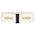 Detail of a wide elastic waist belt featuring a black buckle and khaki woven cord accents - White With Black Buckle
