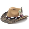 Detail of western cowboy hat with woven band, feather decor and floral brim prints - M (56-58cm) / Black Vintage Scroll Print (Camel) / Camel