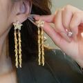 Elegant gold-tone star stud earrings with multi-strand leaf tassel design and sparkling zircon - 18K Gold Plated Silver Earring Post Zircon Star Leaf Tassel (26#)