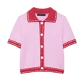 Cardigan in maglia a maniche corte rosa con bordi rossi e cuciture a contrasto bianche - S / Rosso Rosa Multicolore
