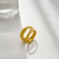 Detail of 18K gold plated multi-layer knot ring with hollow crisscross lines and shadow - Triple Crossed Bands / US 8