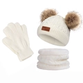 Kinder Winter Strickmütze Handschuhe und Schal Set warme Bommel Mütze für Kinder Jungen - Dreiteiliges Set / Doppelbommel / Weiß