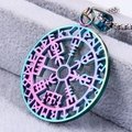 Rainbow circular viking compass necklace pendant in cutout rune design with steel finish - Pendant Only / Rainbow