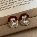 Vintage style earring in deep red enamel with rectangular crystal and golden finish - 78# Silver Earring Post Red Oval Noble Enamel Stud