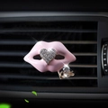 Pink rhinestone lips car air vent clip with heart pendant and Kiss lettering - Pink Heart Lips