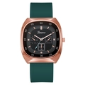 Square rose gold Geneva watch featuring a dark green silicone strap and black rhinestone dial - Green