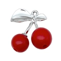 DIY cherry fruit charms with bright red enamel and silver metal leaf for jewelry - 1Pc White K Solid Red Resin 3D Double Leaf Cherry (30x28mm)