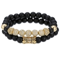 Ensemble de bracelets double couche en perles noires mates avec couronne dorée et boules zircon - Doré