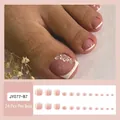 Pink French press-on toenails with white flower pattern, set of 24 pieces - JY077-B7 White Edge Floral