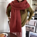 Thick red mohair scarf with tassels for winter warmth, styled on a female model - Burgundy