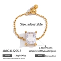 Detail of adjustable gold-tone stainless steel chain ring with a rectangular zircon stone - Rectangle (JDR0312205-5)