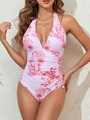 Detail of plunging V-neck swimsuit with tropical floral print and waist ruching - S / Pink Tropical Print