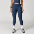 Dark blue high-waisted yoga leggings with white contrast waist trim detail - S / Navy Blue