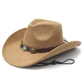 Khaki faux suede western cowboy hat with turquoise beads and adjustable wind cord - M (56-58cm) / Camel