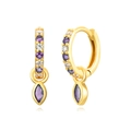 Macro shot of gold-plated hoop earrings with purple zircons and marquise stone pendants - Gold Purple Zirconia Marquise Pendant