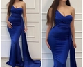 Elegant royal blue one-shoulder satin mermaid evening gown with a long flowing sash - US size 12 (L) / Royal Blue