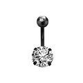 Black curved navel ring with double round clear cubic zirconia in 4-prong setting - Style 17 (Clear CZ 4-Prong)