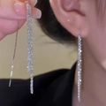 Silver needle long tassel chain earrings with shimmering rhinestones in S925 silver finish - Silver Long Tassel Ear Threader (A2100)