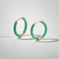 Detail of gold titanium steel hoop earrings with translucent emerald green enamel inlay - Artemisia Green