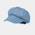 Dettaglio berretto newsboy in denim blu con pannelli cuciti ed elastico posteriore - Taglia unica / Denim Blu