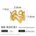 Detail showing wave-shaped double layer stainless steel ring with dimensions and specifications - Adjustable Open / Gold Double Layer Wave Style (NB-R24181)