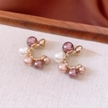 Detailed close-up of 18K gold plated C-shaped earrings with colorful multi-sized pearls - C-Shaped Three-Color Pearl Gold Earrings