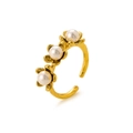 Adjustable gold plated titanium ring featuring three elegant pearls in flower shapes - White Pearl Style (AJ42013D9G0)