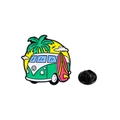 Summer beach theme enamel pin featuring a vintage green van and pink surfboard - Retro Surf Bus