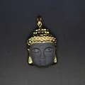 Vintage gold-rimmed matte black Buddha head pendant with intricate metallic craftsmanship - Black Matte Buddha Head Gold Hair