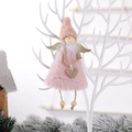Pink plush Christmas angel ornament with golden wings and sequin heart on white branch - Heart Style / Pink