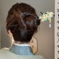 Classic wooden hair stick with yellow flowers and pearl tassels for Hanfu hairstyle - Hairpin #154 - Yellow - Green