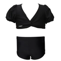 Zweiteiliges schwarzes Bade-Set mit V-Ausschnitt-Crop-Top und High-Waist-Shorts - 104 / Schwarz Puffärmel Boxershorts-Set