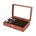 Wooden watch and glasses storage box with glass lid, brown velvet interior slots for multi-grid display. - Red Rosewood Wood Veneer Jewelry Box / Brown Interior