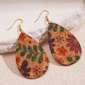Detail view of teardrop cork earrings with vintage floral print and golden hooks - Teardrop / Ear Hook-Colorful-Flower