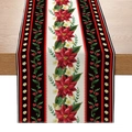 Linen Christmas table runner with red poinsettia and golden leaf patterns on wood table - Red Poinsettia & Gold Leaves